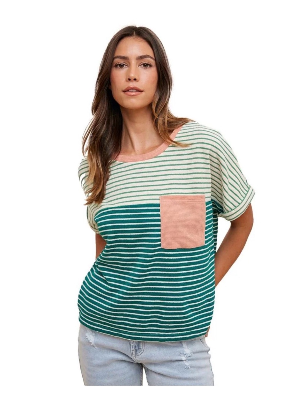 Anniewear Size XL Boho Casual Green Cream Mixed Striped Relaxed Knit Tee Top